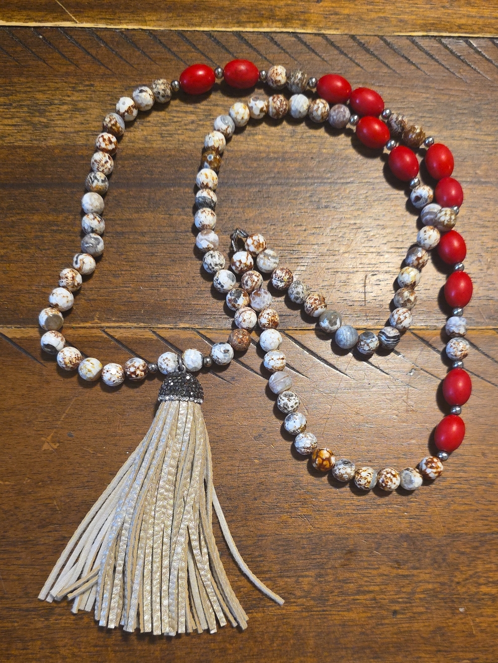 Bohemian Beaded Tassel Necklace with Red Accents
